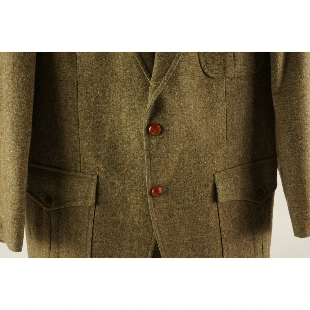 Vintage 1970s Union Made Tweed Wool Atomic Fleck Military Safari Jacket 42R Men